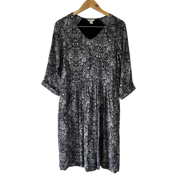 Garnet Hill Dresses & Skirts - Garnet Hill Bohemian Pocket-Detail Dress Size 2 Navy Paisley Print 3/4 Sleeve